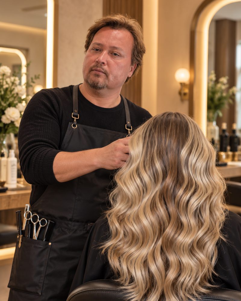 Alfredo, Color Specialist, styling a client's blonde balayage